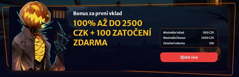 100% AŽ DO 2500 CZK + 100 ZATOČENÍ ZDARMA